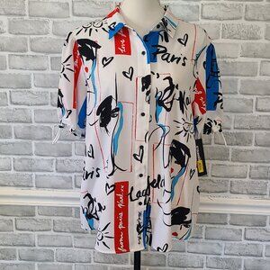Karl Lagerfeld Paris Bungee Sleeve Button Down Top Printed NEW L Art to Wear